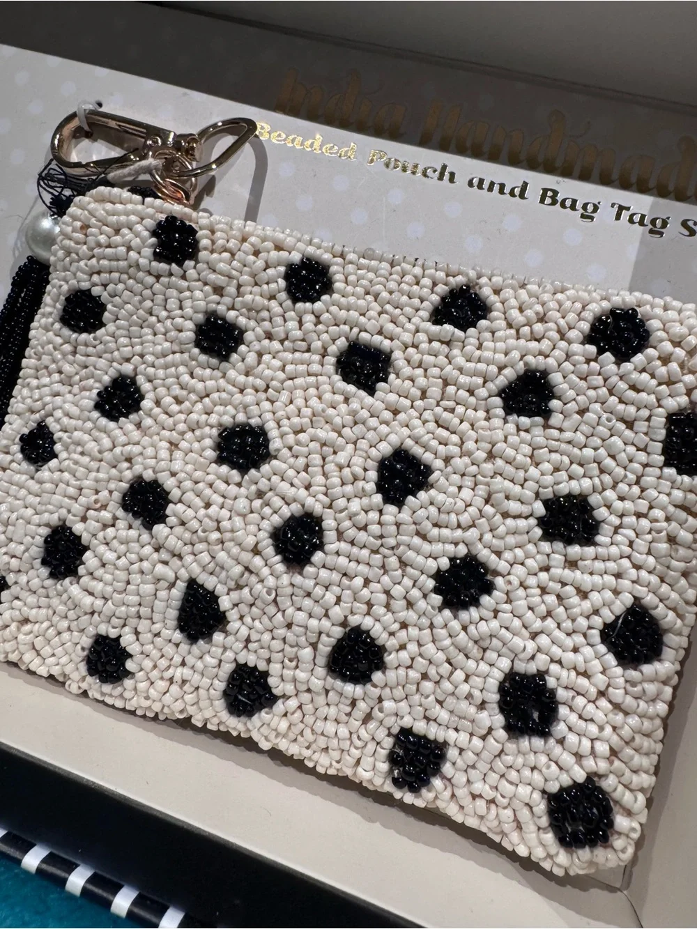 India Handmade Beaded Pouch and J Keychain Set